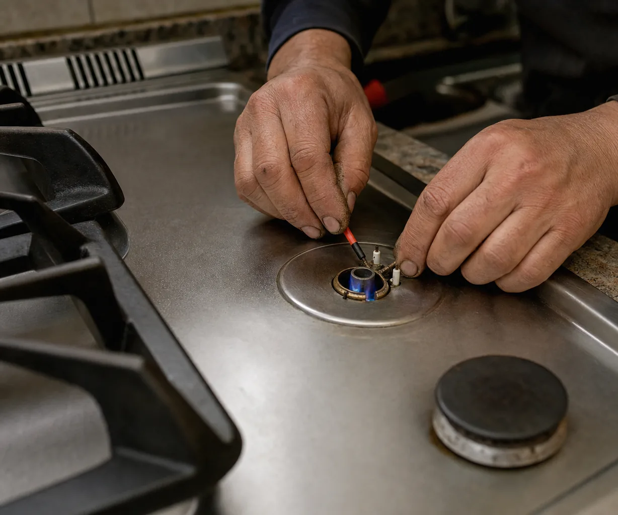 Close view of an electrode and a lit burner port, a screwdriver tip at the air shutter and a cast grate at the edge of frame