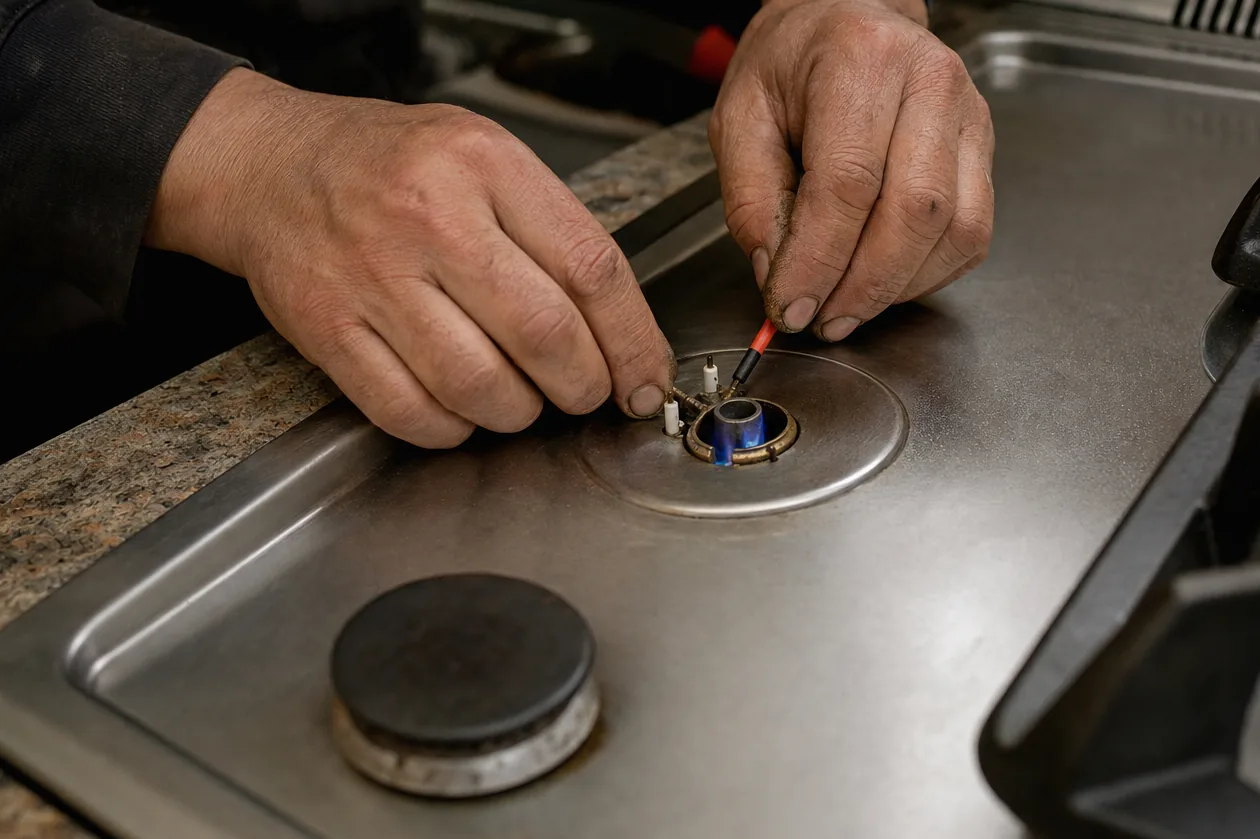 A lit cooktop burner mid-adjustment, seen across the stainless surface with the grate lifted clear