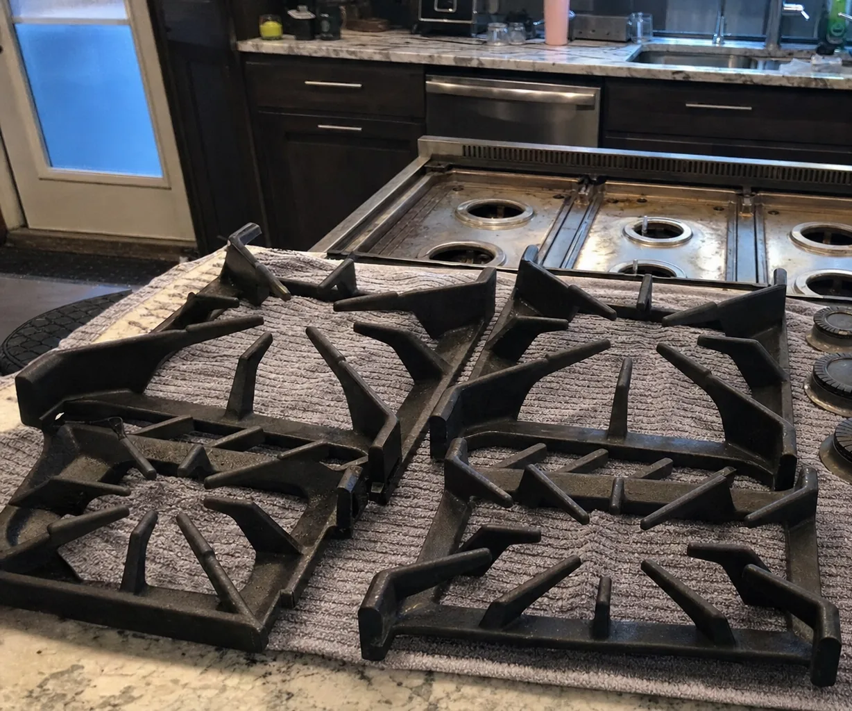 A rangetop with its grates and caps removed, the ventilation slot along its back edge visible against the counter