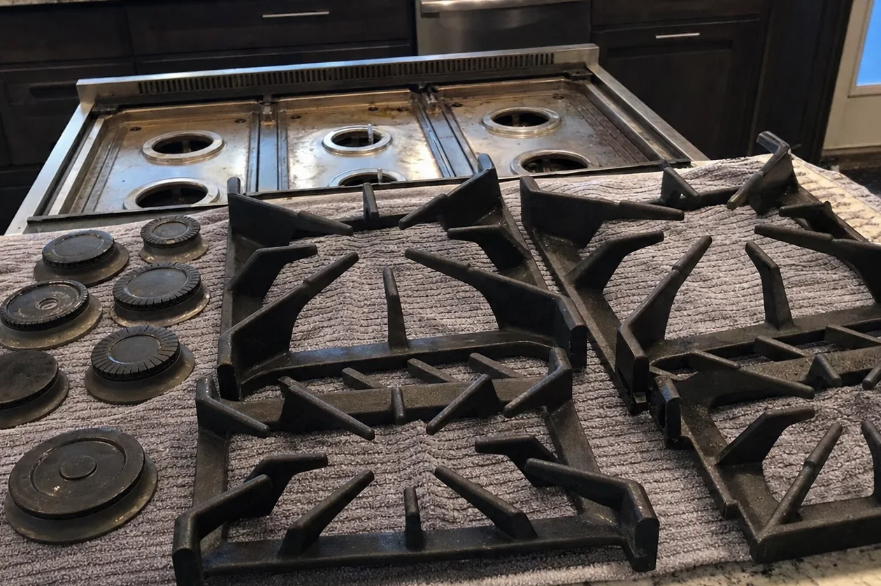 A full set of grates and caps off the appliance and set out on a towel on a granite island